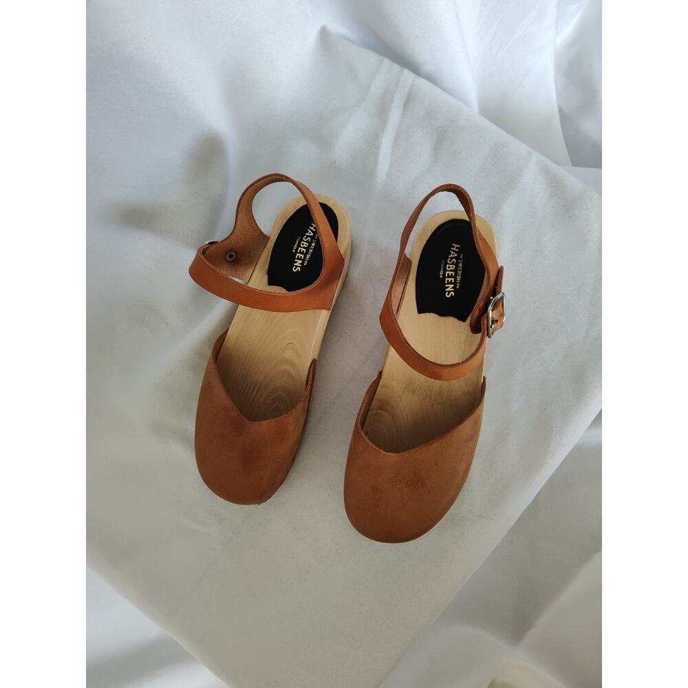 Swedish Hasbeens Women’s Brown Leather Ankle Strap Buckle Wood Clogs US 7 - Picture 3 of 6
